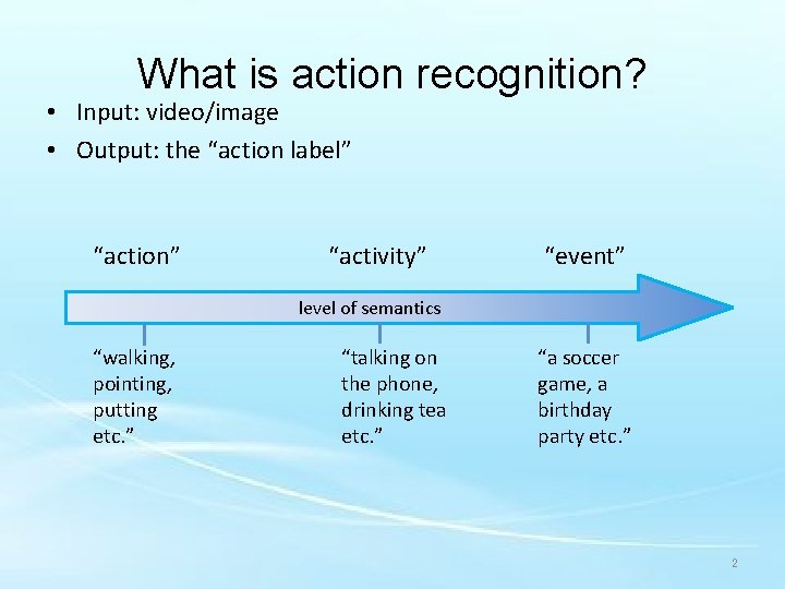 What is action recognition? • Input: video/image • Output: the “action label” “action” “activity”