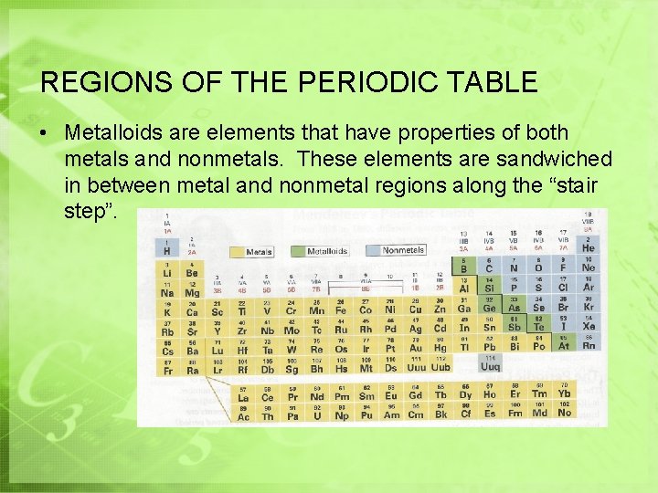 REGIONS OF THE PERIODIC TABLE • Metalloids are elements that have properties of both REGIONS OF THE PERIODIC TABLE • Metalloids are elements that have properties of both
