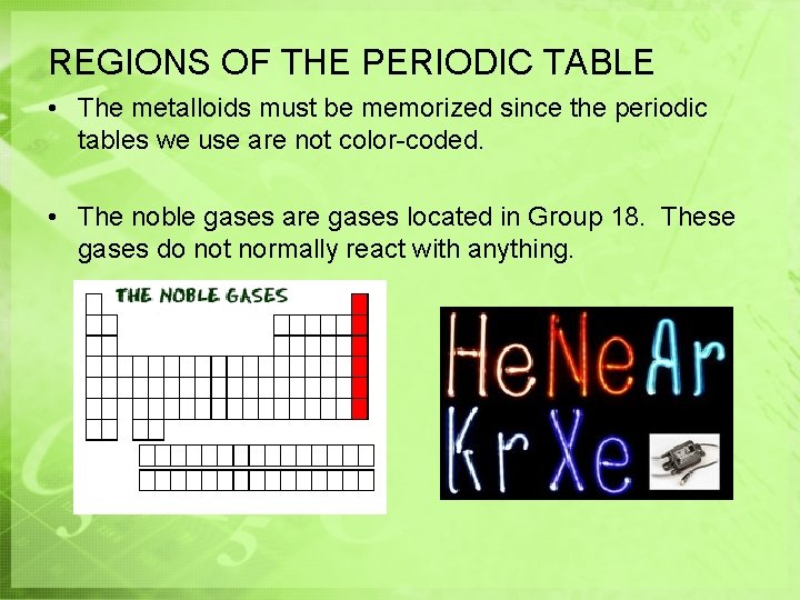 REGIONS OF THE PERIODIC TABLE • The metalloids must be memorized since the periodic