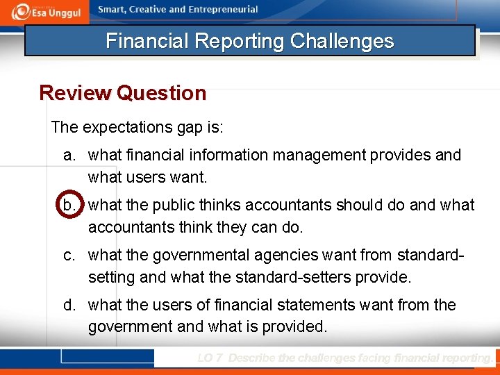 Financial Reporting Challenges Review Question The expectations gap is: a. what financial information management