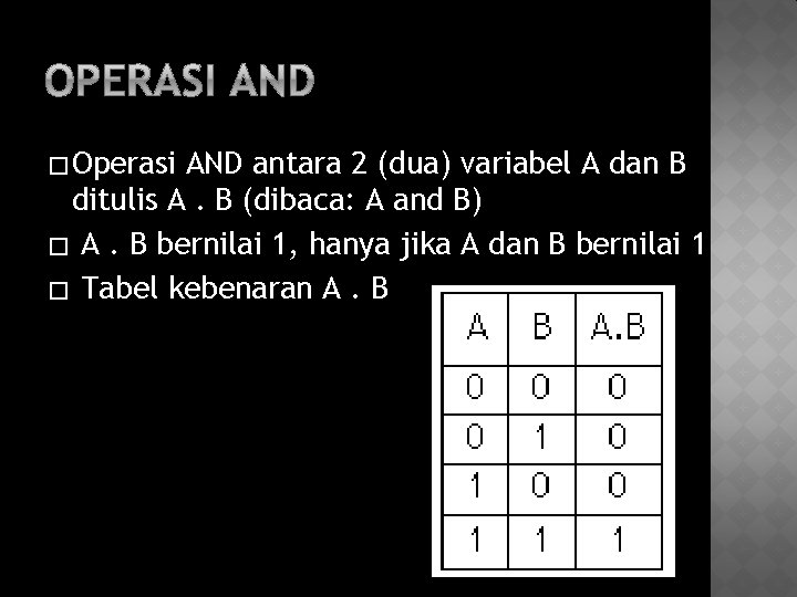 � Operasi AND antara 2 (dua) variabel A dan B ditulis A. B (dibaca: