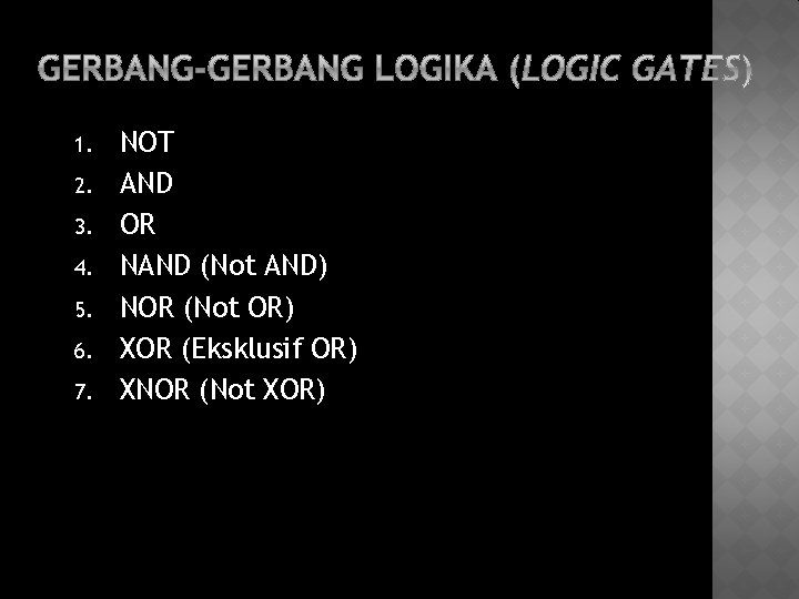 1. 2. 3. 4. 5. 6. 7. NOT AND OR NAND (Not AND) NOR