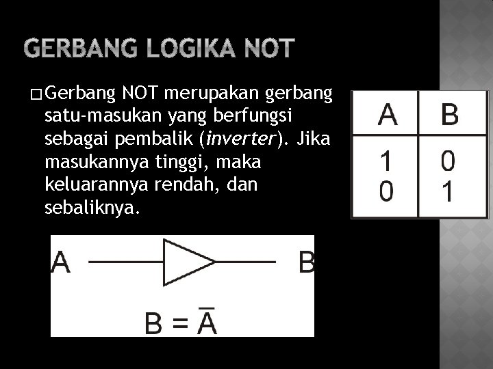 � Gerbang NOT merupakan gerbang satu-masukan yang berfungsi sebagai pembalik (inverter). Jika masukannya tinggi,