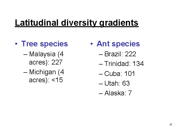 Latitudinal diversity gradients • Tree species – Malaysia (4 acres): 227 – Michigan (4