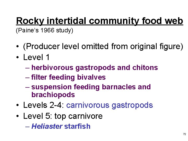 Rocky intertidal community food web (Paine’s 1966 study) • (Producer level omitted from original