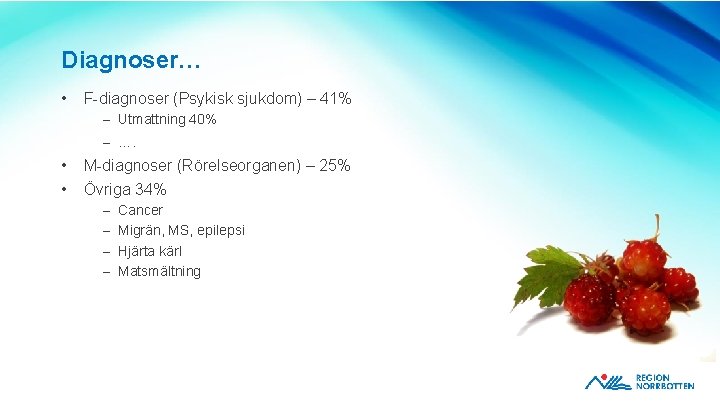 Diagnoser… • F-diagnoser (Psykisk sjukdom) – 41% – Utmattning 40% – …. • •