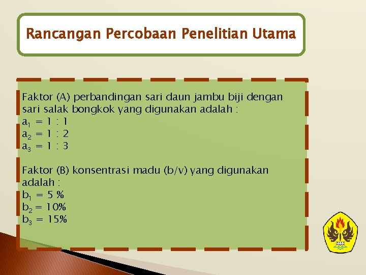 Rancangan Percobaan Penelitian Utama Faktor (A) perbandingan sari daun jambu biji dengan sari salak