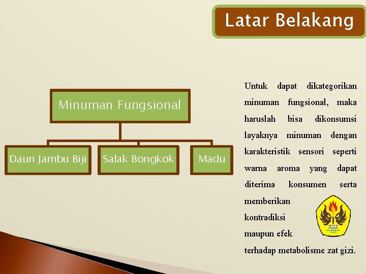 Latar Belakang Untuk dapat dikategorikan Minuman Fungsional minuman fungsional, maka haruslah bisa dikonsumsi layaknya