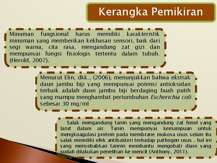 Kerangka Pemikiran Minuman fungsional harus memiliki karakteristik minuman yang memberikan kekhasan sensori, baik dari