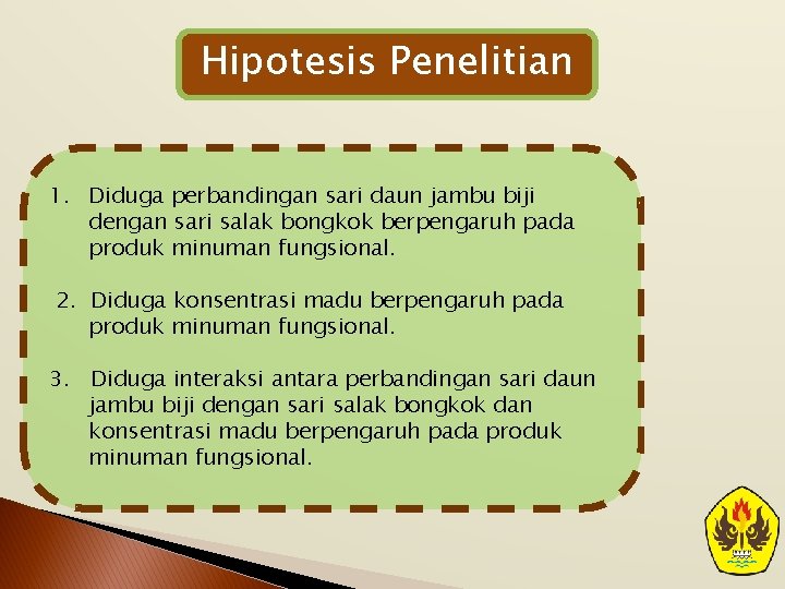 Hipotesis Penelitian 1. Diduga perbandingan sari daun jambu biji dengan sari salak bongkok berpengaruh