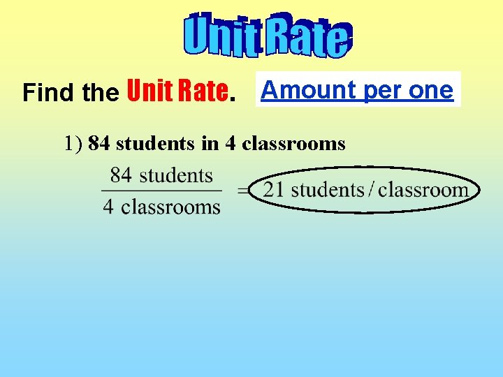 Find the Unit Rate. Amount per one 1) 84 students in 4 classrooms 