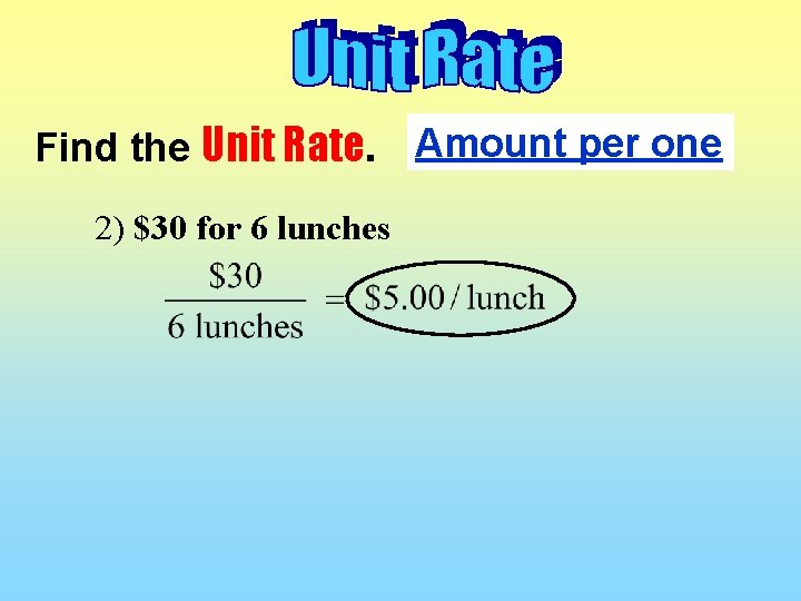 Find the Unit Rate. 2) $30 for 6 lunches Amount per one 