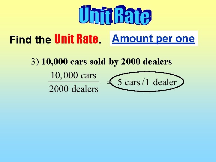 Find the Unit Rate. Amount per one 3) 10, 000 cars sold by 2000