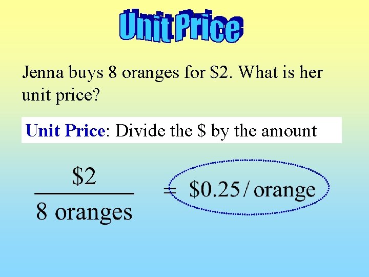 Jenna buys 8 oranges for $2. What is her unit price? Unit Price: Divide