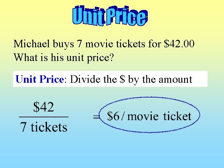 Michael buys 7 movie tickets for $42. 00 What is his unit price? Unit