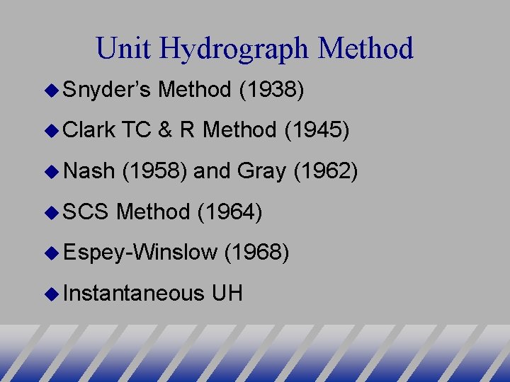 Unit Hydrograph Method Snyder’s Method (1938) Clark TC & R Method (1945) Nash (1958)