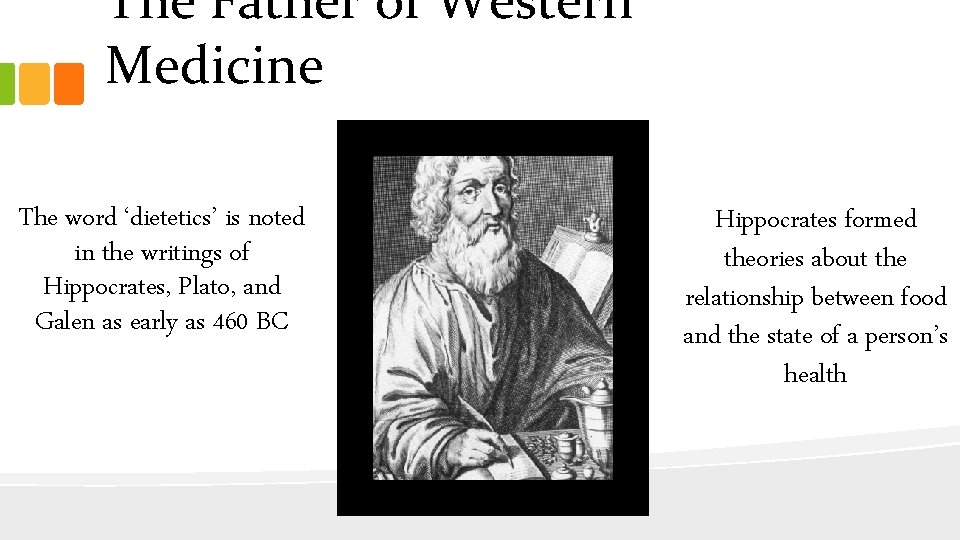 The Father of Western Medicine The word ‘dietetics’ is noted in the writings of