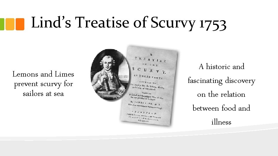 Lind’s Treatise of Scurvy 1753 Lemons and Limes prevent scurvy for sailors at sea