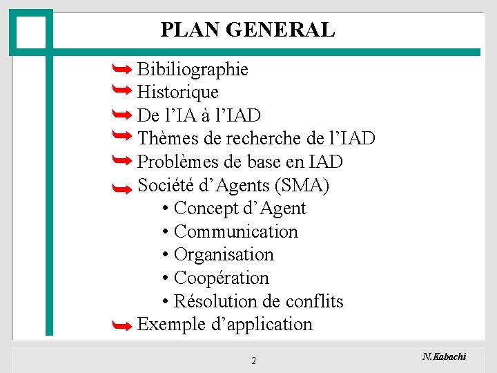 PLAN GENERAL Bibiliographie Historique De l’IA à l’IAD Thèmes de recherche de l’IAD Problèmes