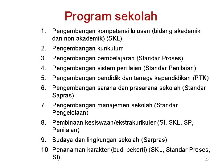 Program sekolah 1. Pengembangan kompetensi lulusan (bidang akademik dan non akademik) (SKL) 2. Pengembangan