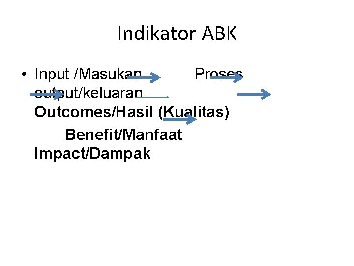 Indikator ABK • Input /Masukan Proses output/keluaran Outcomes/Hasil (Kualitas) Benefit/Manfaat Impact/Dampak 