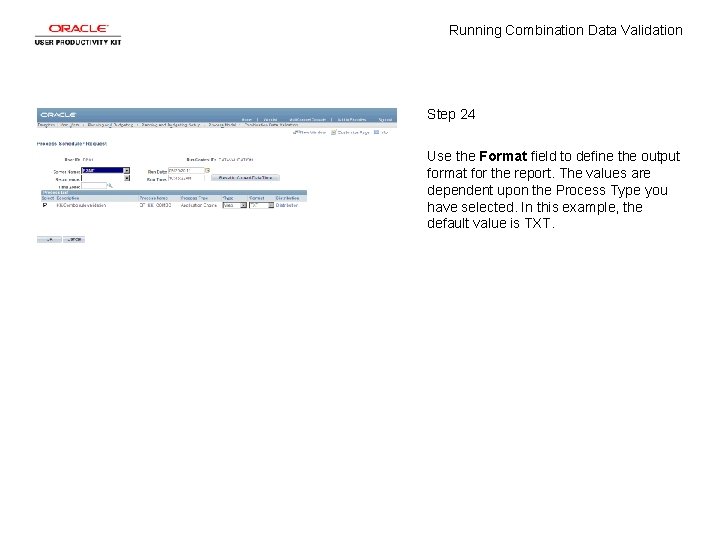 Running Combination Data Validation Step 24 Use the Format field to define the output