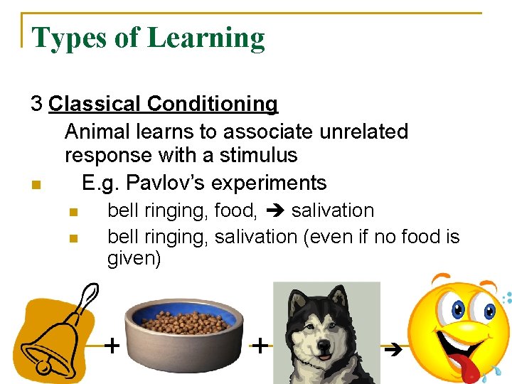 Types of Learning 3 Classical Conditioning Animal learns to associate unrelated response with a