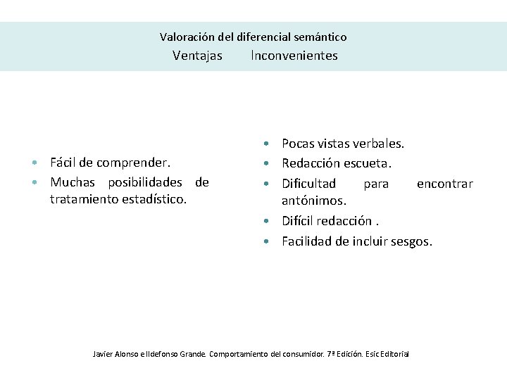 Valoración del diferencial semántico Ventajas • Fácil de comprender. • Muchas posibilidades de tratamiento