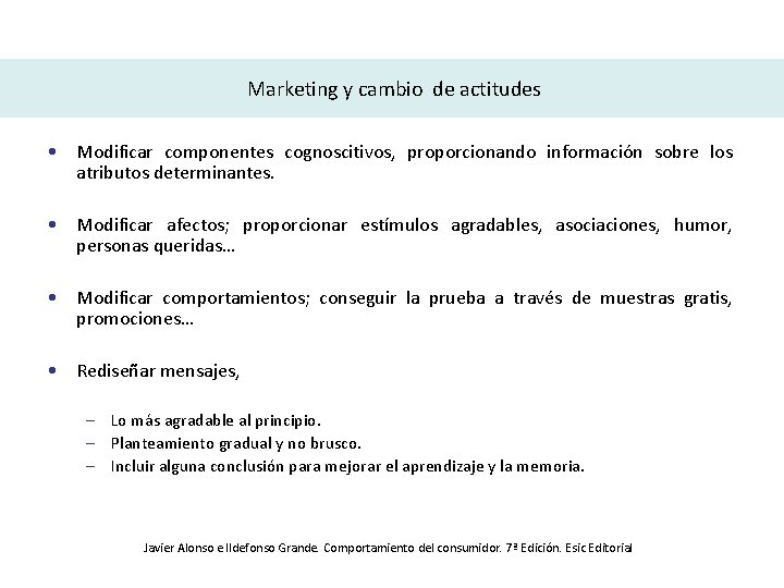 Marketing y cambio de actitudes • Modificar componentes cognoscitivos, proporcionando información sobre los atributos