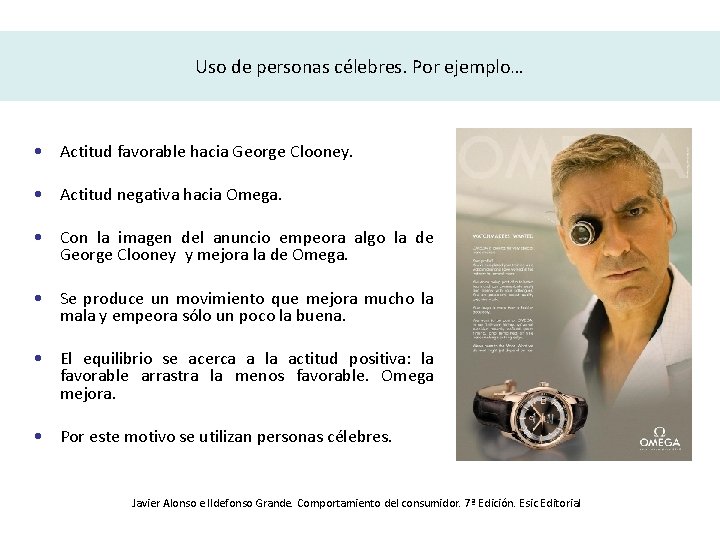 Uso de personas célebres. Por ejemplo… • Actitud favorable hacia George Clooney. • Actitud