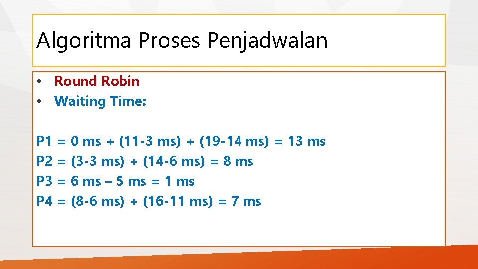 Algoritma Proses Penjadwalan • Round Robin • Waiting Time: P 1 = 0 ms