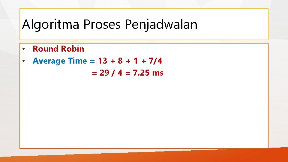 Algoritma Proses Penjadwalan • Round Robin • Average Time = 13 + 8 +