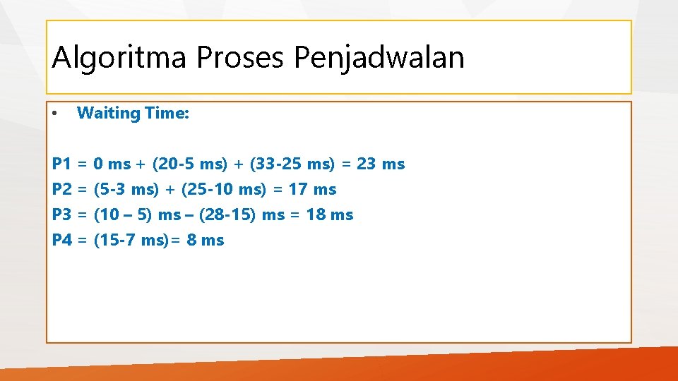 Algoritma Proses Penjadwalan • Waiting Time: P 1 = 0 ms + (20 -5