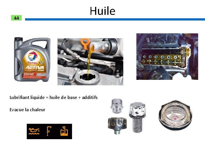 44 Huile Lubrifiant liquide = huile de base + additifs Evacue la chaleur 