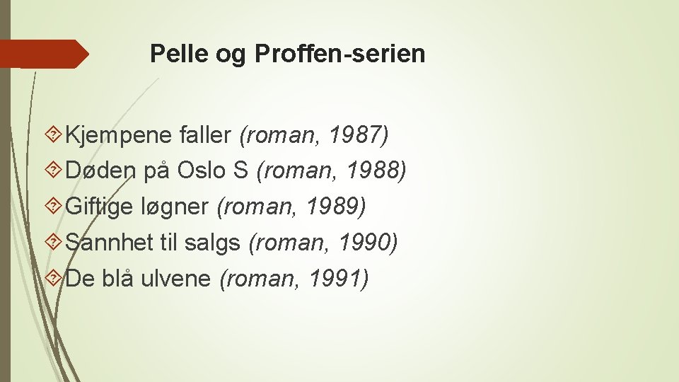 Pelle og Proffen-serien Kjempene faller (roman, 1987) Døden på Oslo S (roman, 1988) Giftige