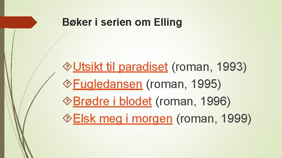 Bøker i serien om Elling Utsikt til paradiset (roman, 1993) Fugledansen (roman, 1995) Brødre