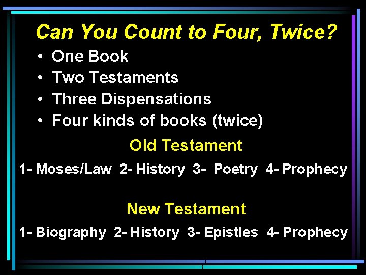 Can You Count to Four, Twice? • • One Book Two Testaments Three Dispensations