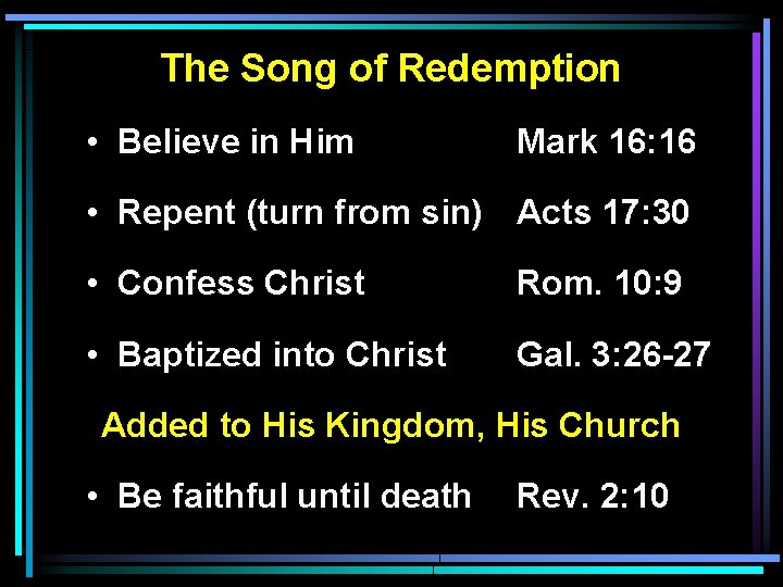 The Song of Redemption • Believe in Him Mark 16: 16 • Repent (turn