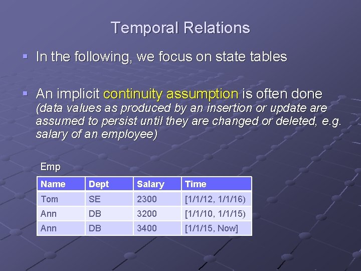Temporal Relations § In the following, we focus on state tables § An implicit
