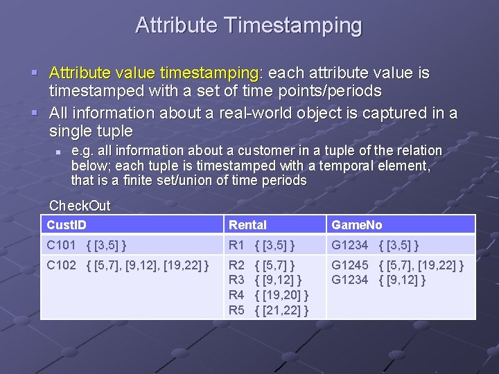 Attribute Timestamping § Attribute value timestamping: each attribute value is timestamped with a set