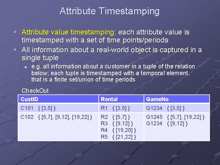 Attribute Timestamping § Attribute value timestamping: each attribute value is timestamped with a set Attribute Timestamping § Attribute value timestamping: each attribute value is timestamped with a set