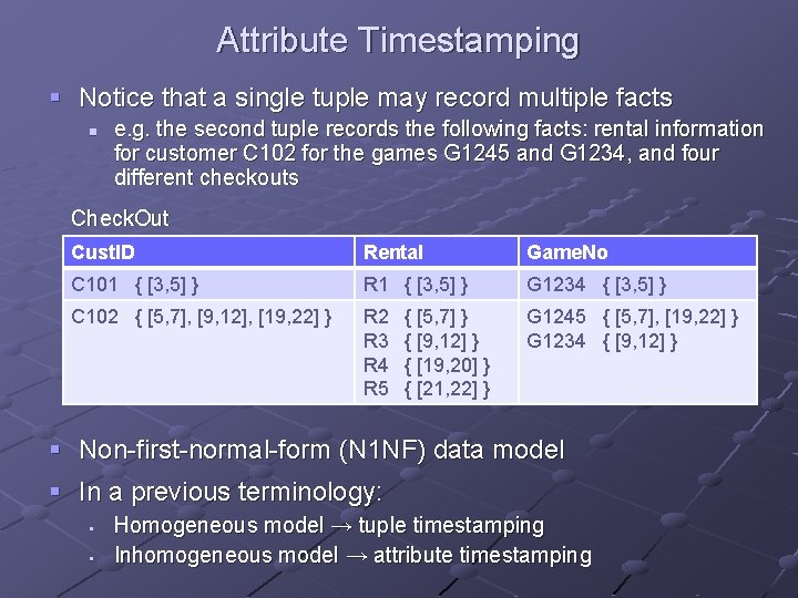 Attribute Timestamping § Notice that a single tuple may record multiple facts n e.