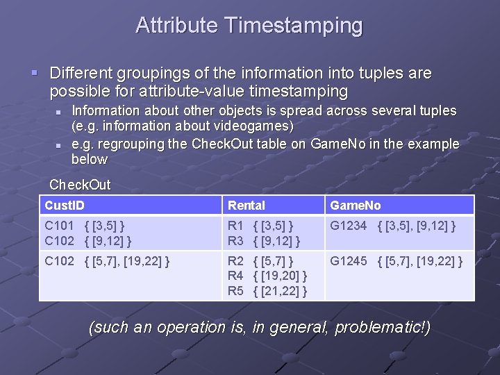Attribute Timestamping § Different groupings of the information into tuples are possible for attribute-value