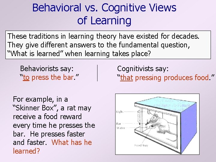 Behavioral vs. Cognitive Views of Learning These traditions in learning theory have existed for