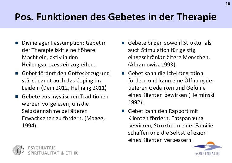 18 Pos. Funktionen des Gebetes in der Therapie Divine agent assumption: Gebet in der