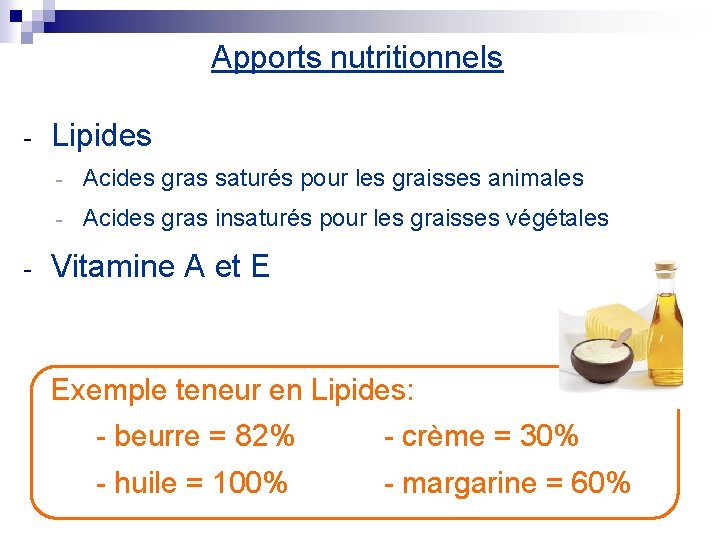 Apports nutritionnels - - Lipides - Acides gras saturés pour les graisses animales -