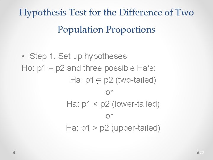 Hypothesis Test for the Difference of Two Population Proportions • Step 1. Set up