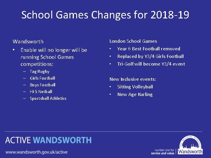 School Games Changes for 2018 -19 Wandsworth • Enable will no longer will be