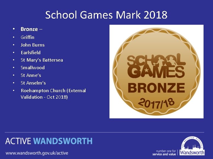 School Games Mark 2018 • Bronze – • • Griffin John Burns Earlsfield St