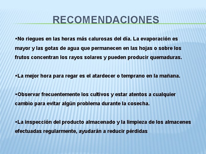 RECOMENDACIONES §No riegues en las horas más calurosas del día. La evaporación es mayor